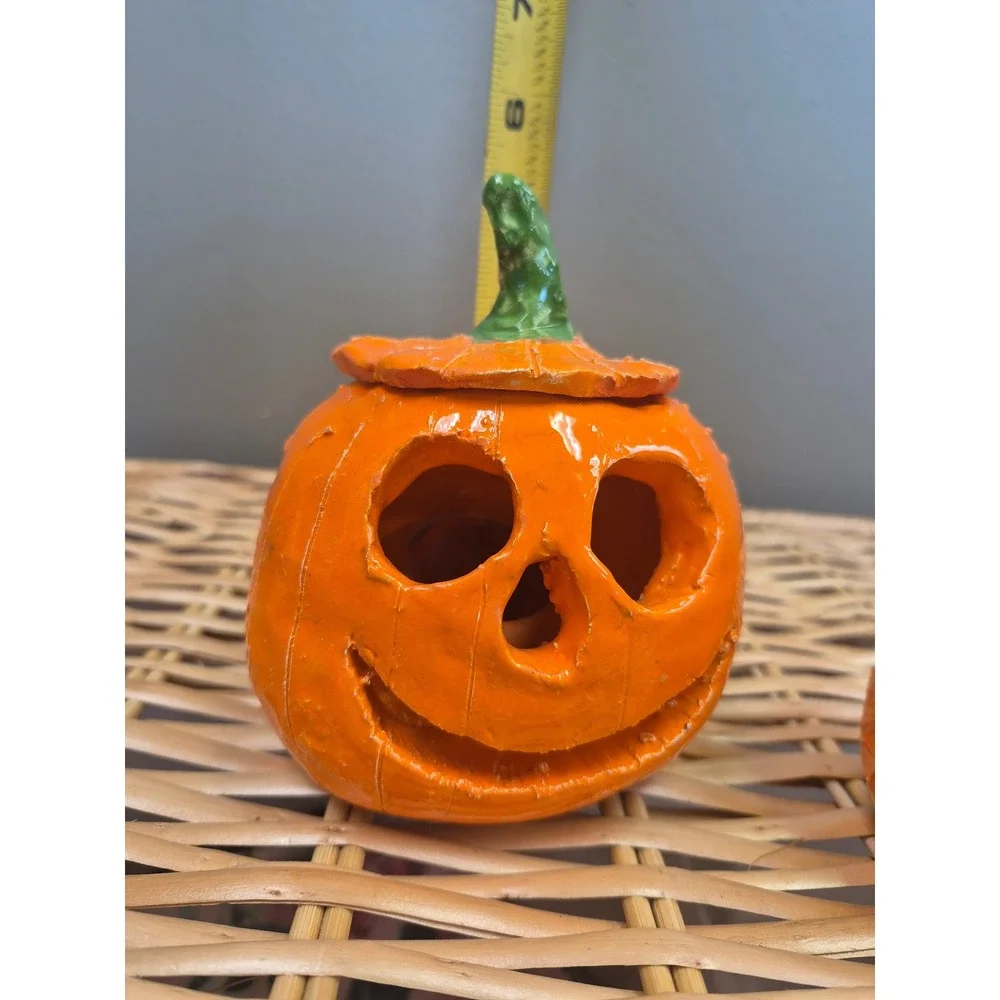 Vintage Handmade Pottery Jack O Lantern Pumpkin Tealight Holders Halloween Pair